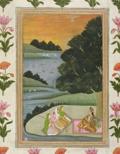A Princess Listening to Female Musicians by a River at Sunset, from the Small Clive Album by Mughal School